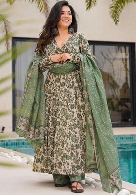 Off White Printed Viscose Kurta Set