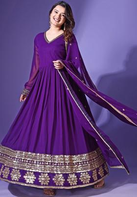 Purple Embroidered Georgette Anarkali Set