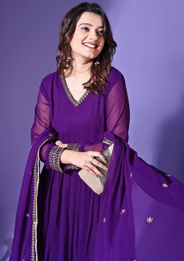 Purple Embroidered Georgette Anarkali Set - Indya