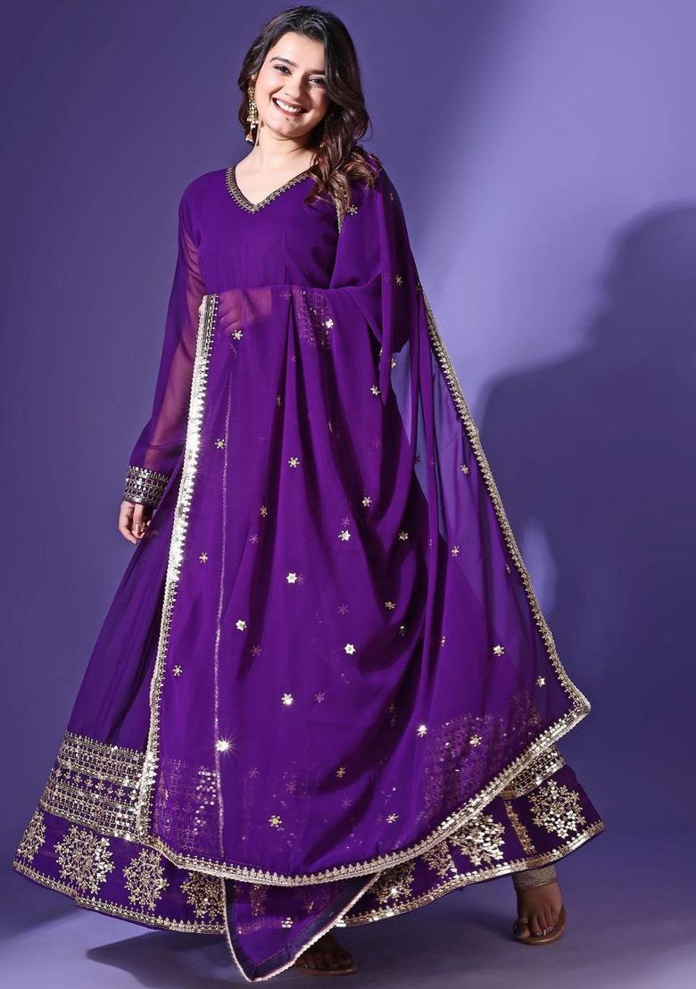 Purple Embroidered Georgette Anarkali Set - Indya
