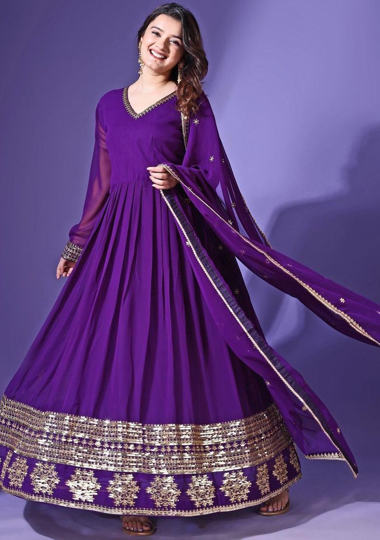 Purple Embroidered Georgette Anarkali Set - Indya