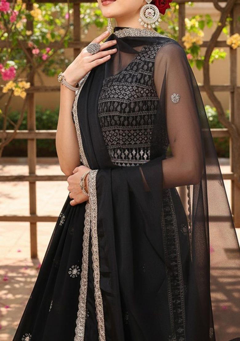 Black Embroidered Georgette Kurta Set - Indya