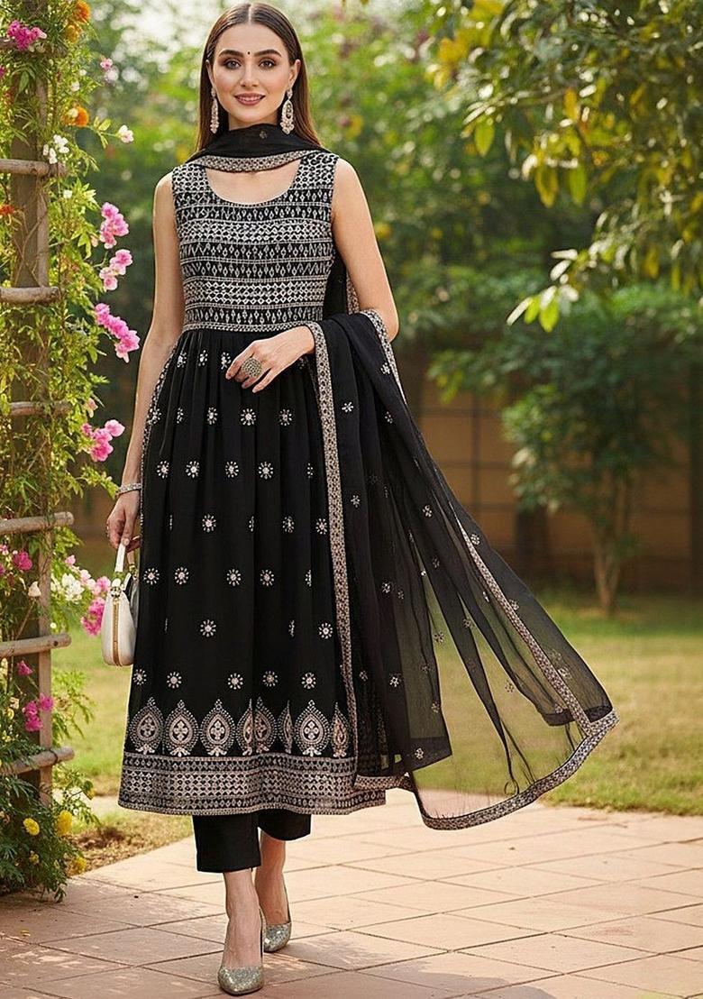 Black Embroidered Georgette Kurta Set - Indya