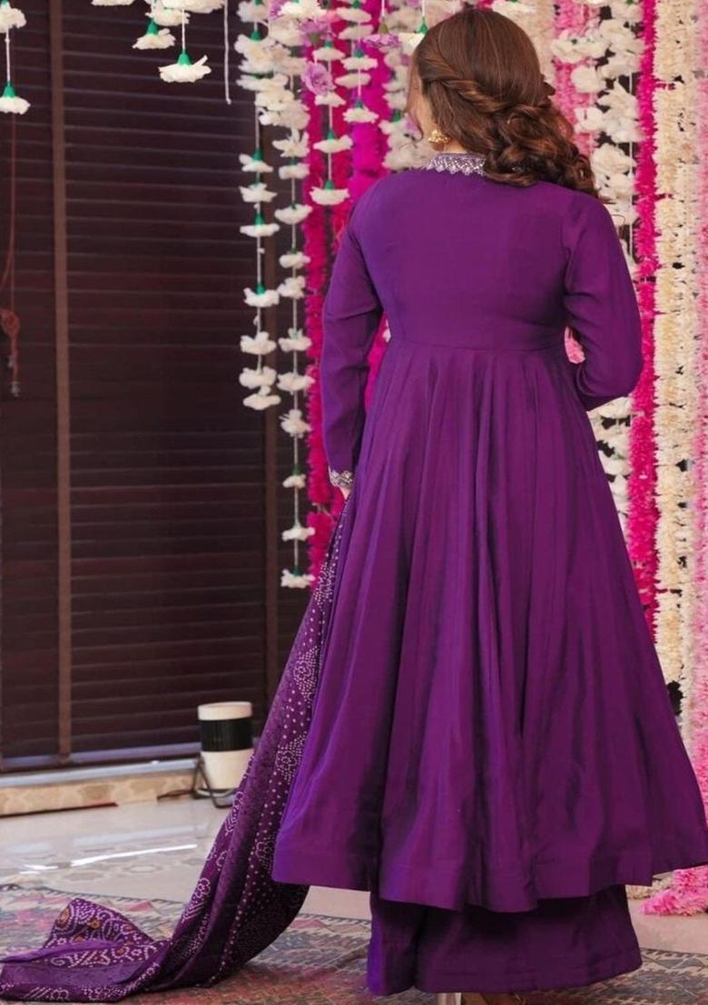 Purple Embroidered Silk Kurta Set - Indya