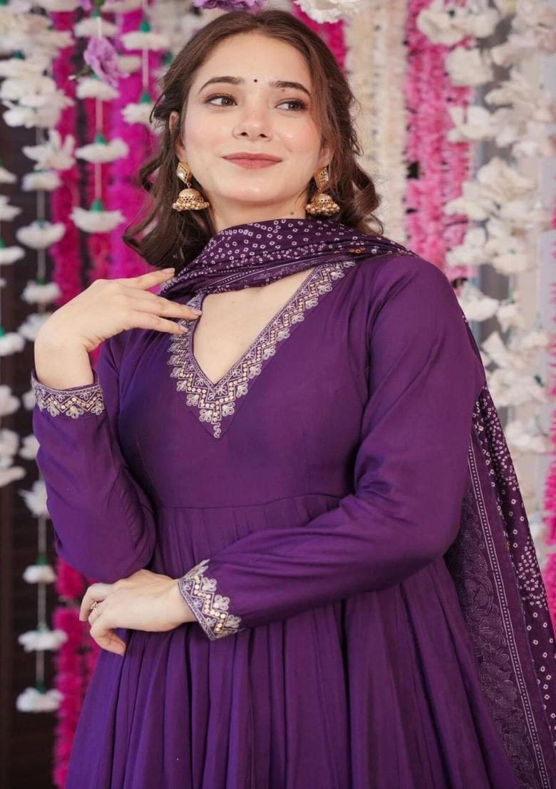 Purple Embroidered Silk Kurta Set - Indya