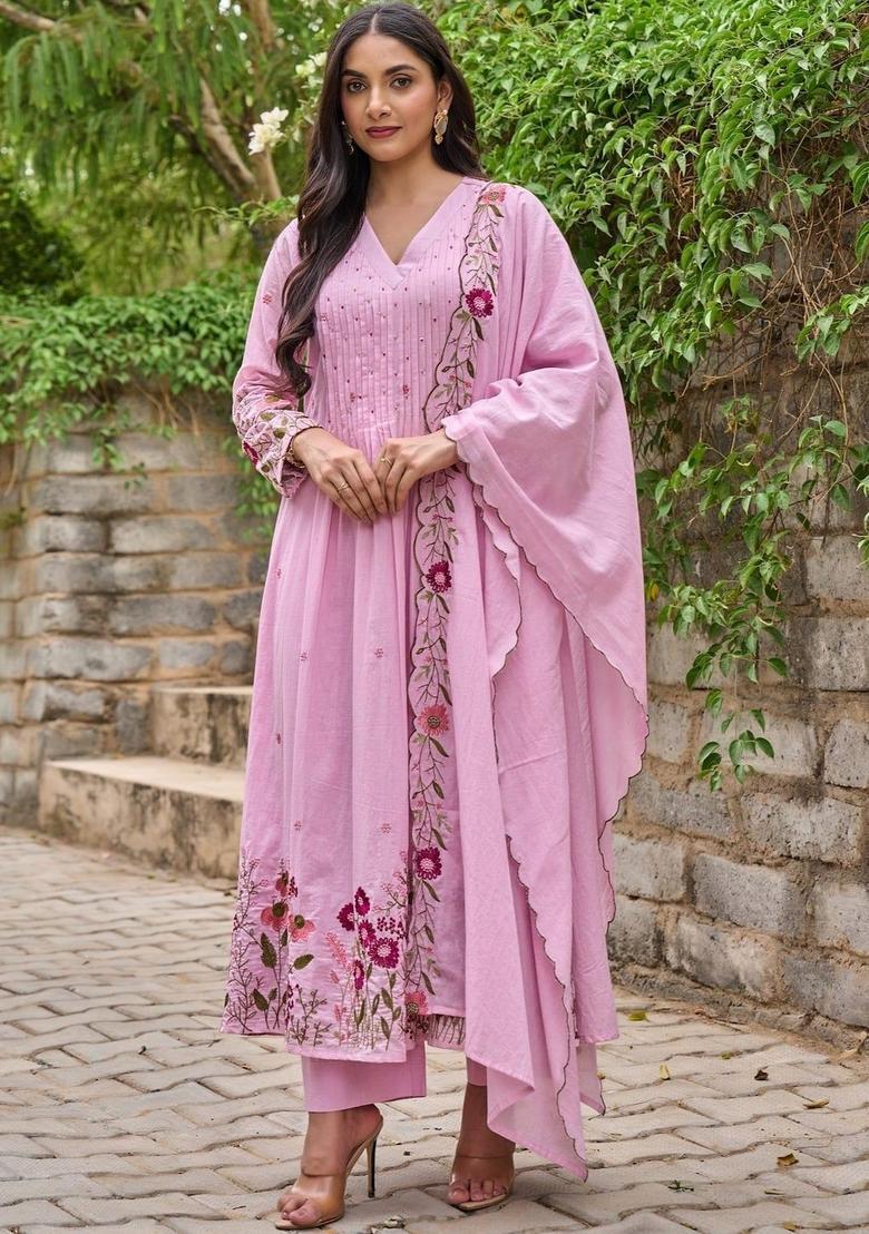 Pink Embroidered Silk Kurta Set - Indya
