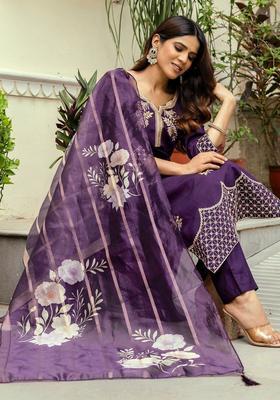 Purple Embroidered Silk Kurta Set