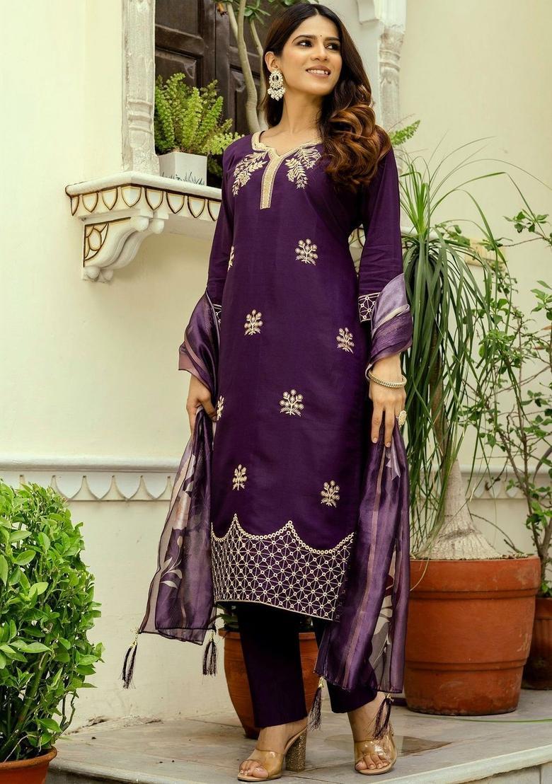 Purple Embroidered Silk Kurta Set - Indya