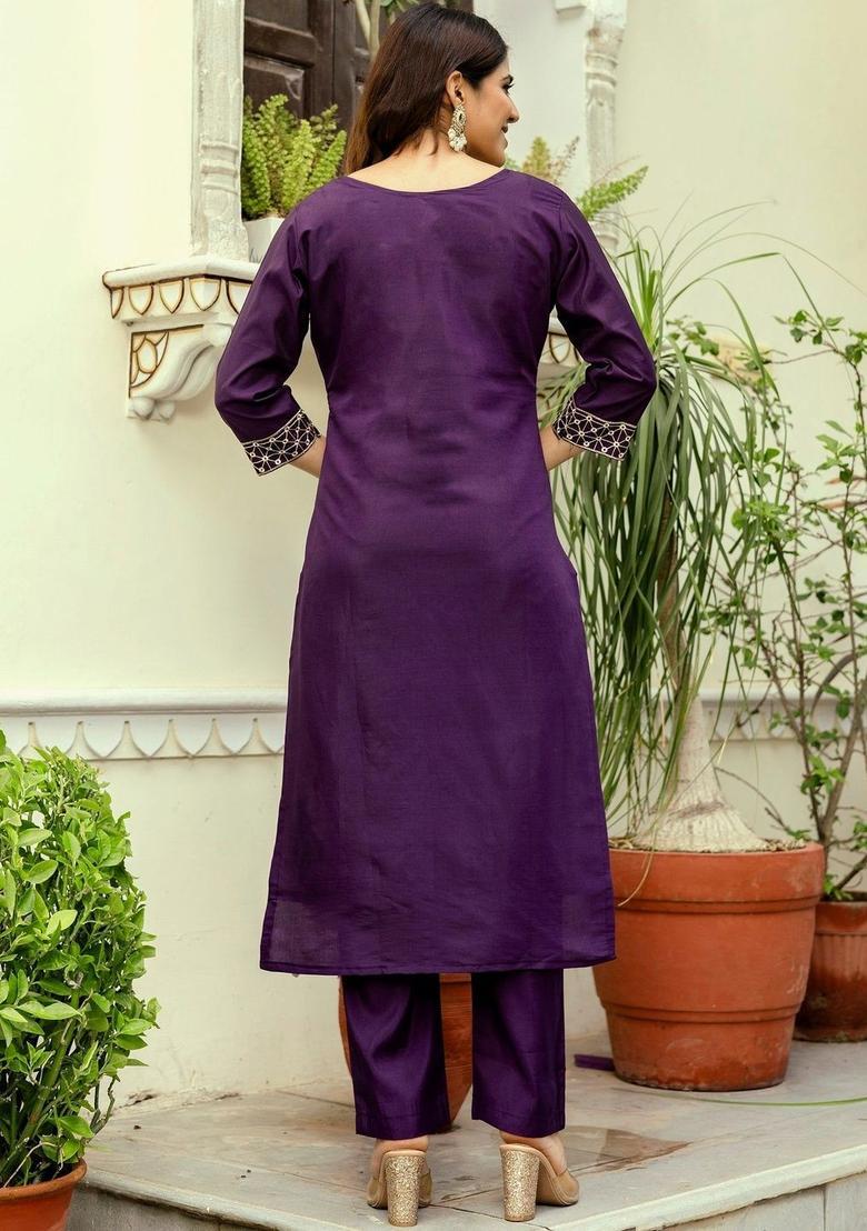 Purple Embroidered Silk Kurta Set - Indya