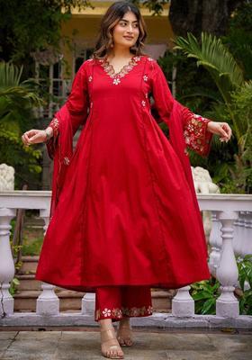 Red Embroidered Silk Kurta Set