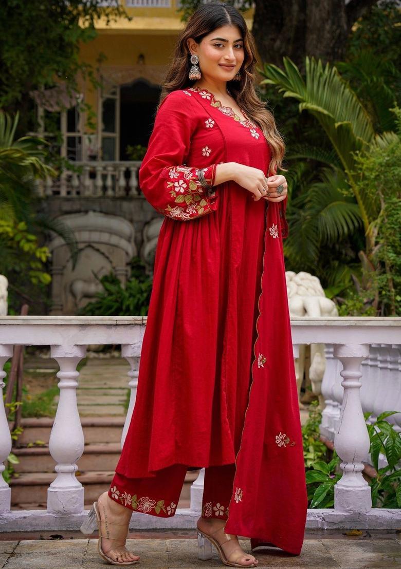 Red Embroidered Silk Kurta Set - Indya