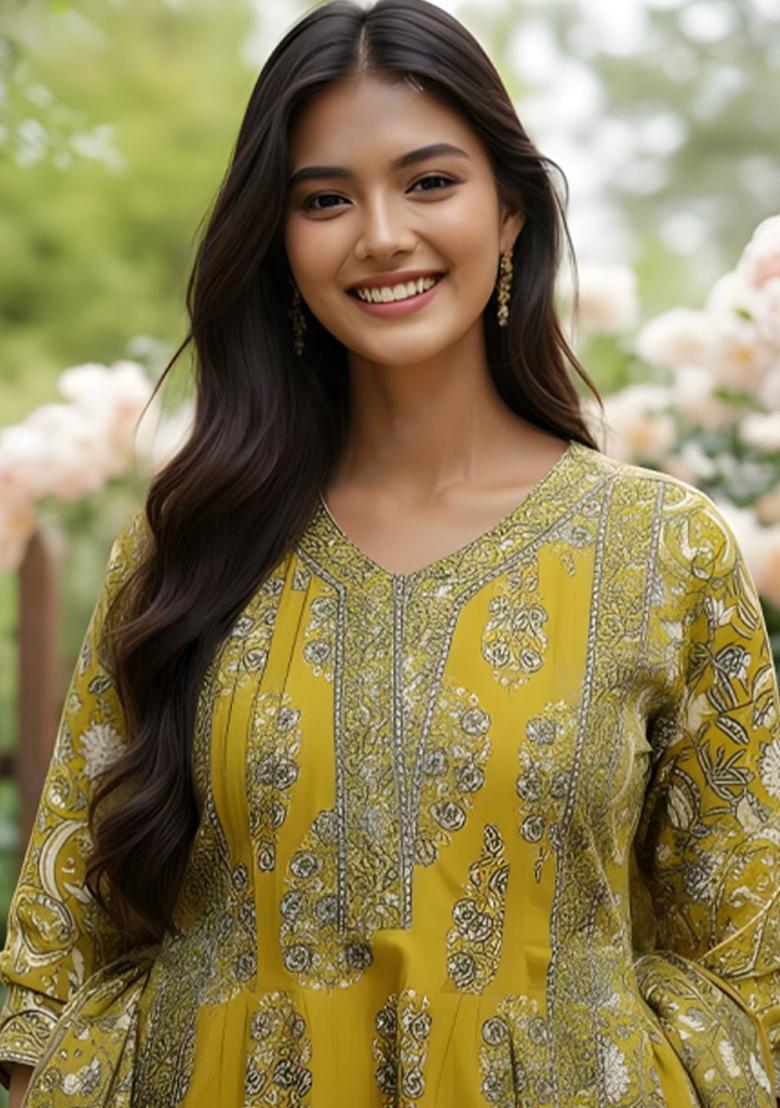 Green Printed Cotton Kurta Set - Indya