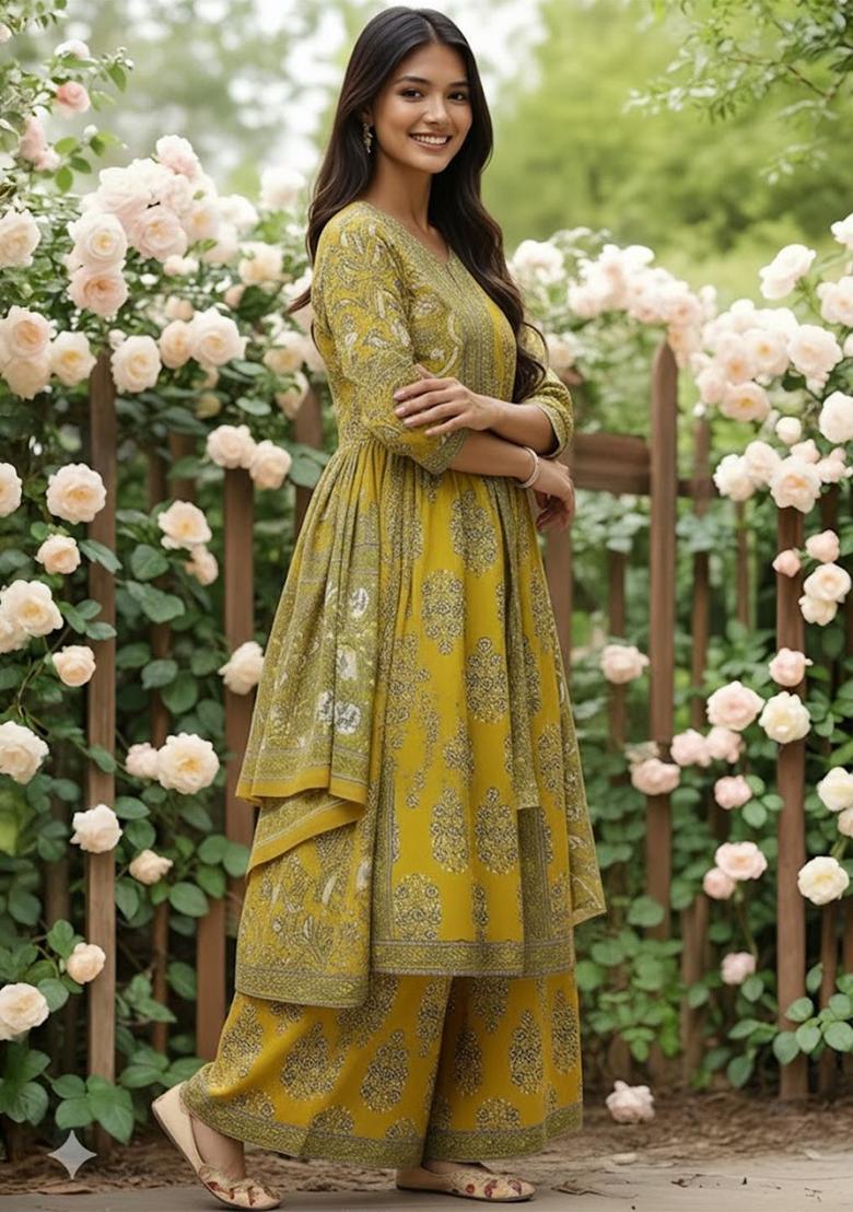 Green Printed Cotton Kurta Set - Indya