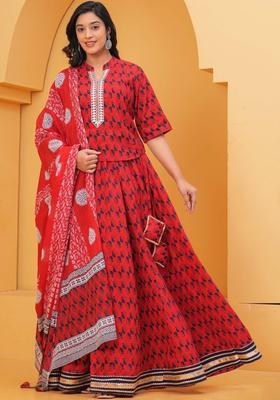 Red Printed Cotton Kurta Set
