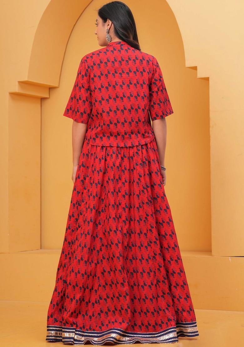 Red Printed Cotton Kurta Set - Indya
