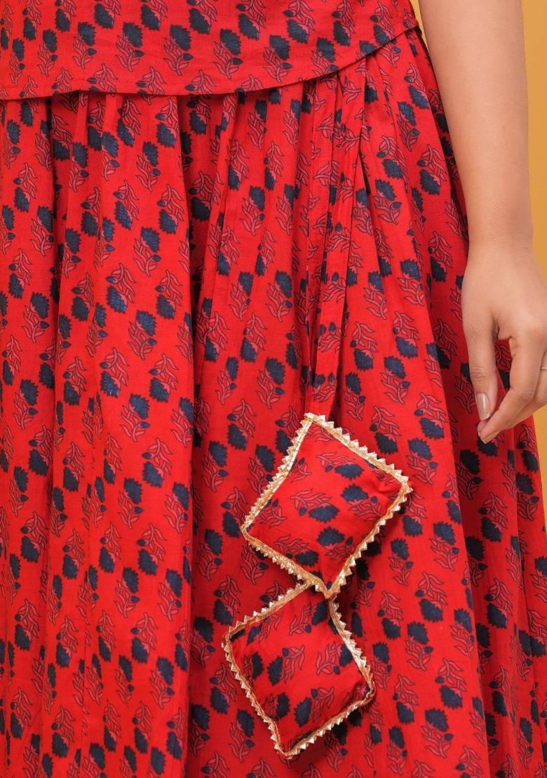Red Printed Cotton Kurta Set - Indya