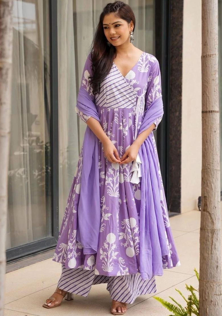 Purple Printed Viscose Kurta Set - Indya