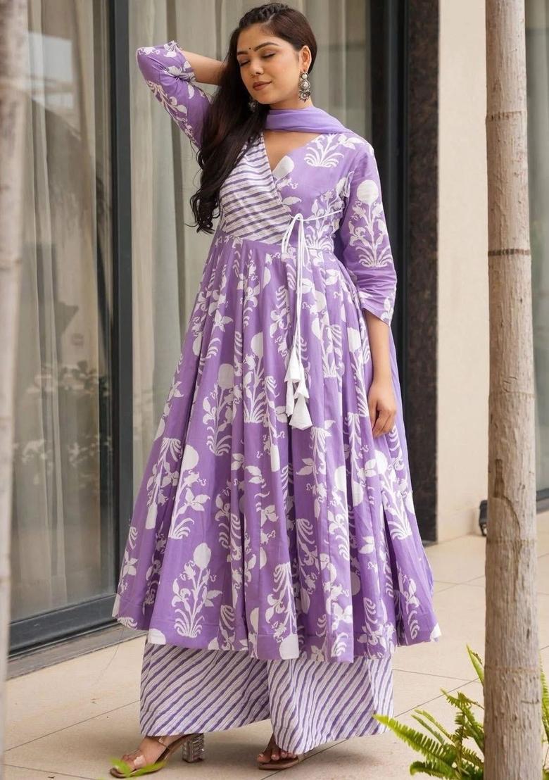 Purple Printed Viscose Kurta Set - Indya