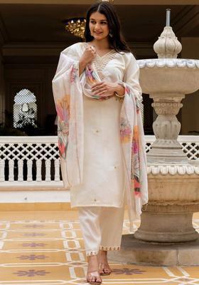 Off White Embroidered Viscose Kurta Set