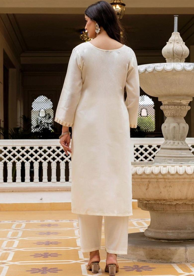 Off White Embroidered Viscose Kurta Set - Indya