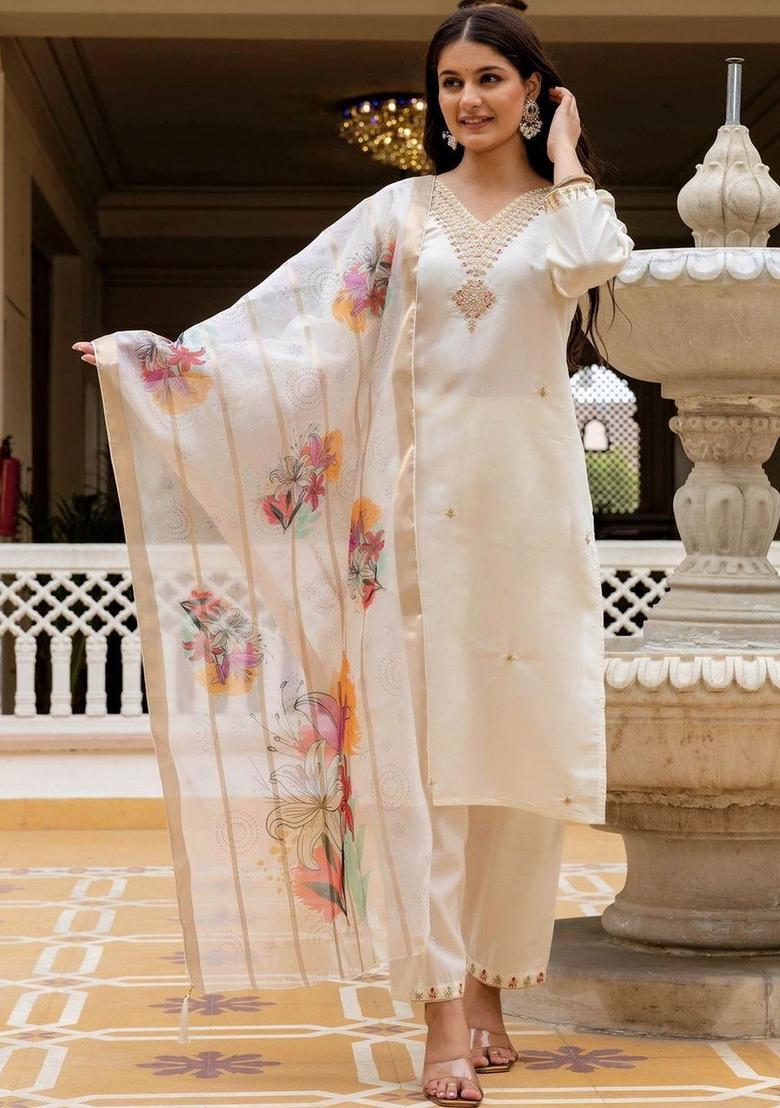 Off White Embroidered Viscose Kurta Set - Indya