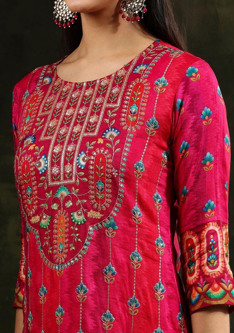 Pink Embroidered Silk Kurta Set - Indya