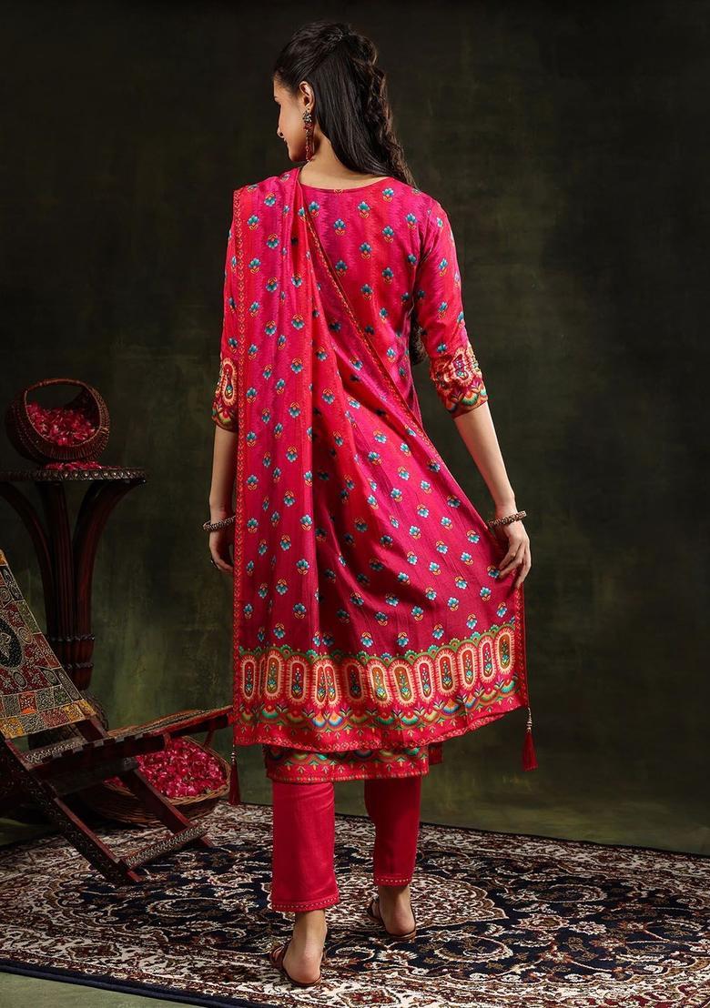 Pink Embroidered Silk Kurta Set - Indya
