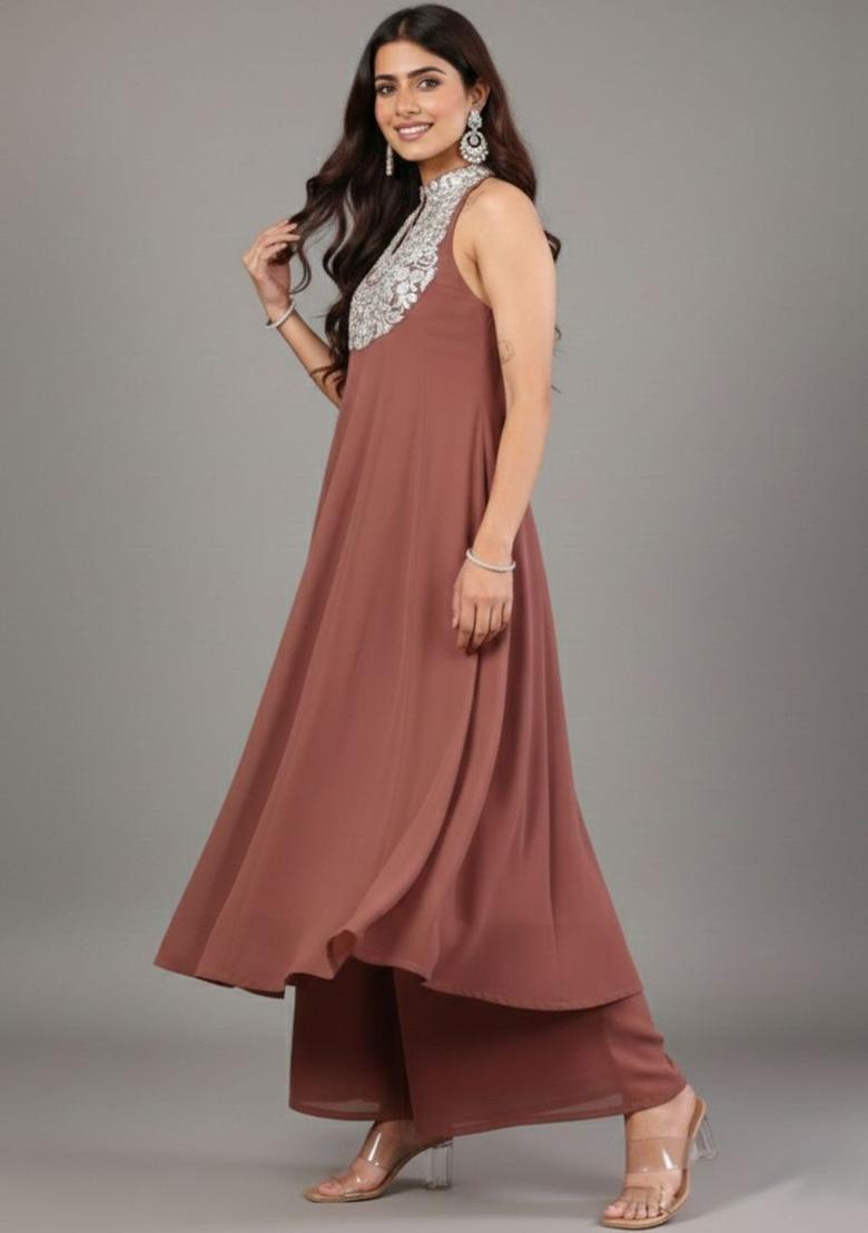 Rose Embroidered Silk Kurta Set - Indya