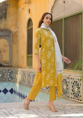 Mustard Embroidered Cotton Kurta Set