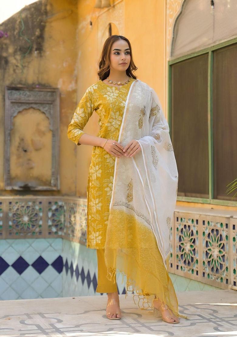 Mustard Embroidered Cotton Kurta Set - Indya