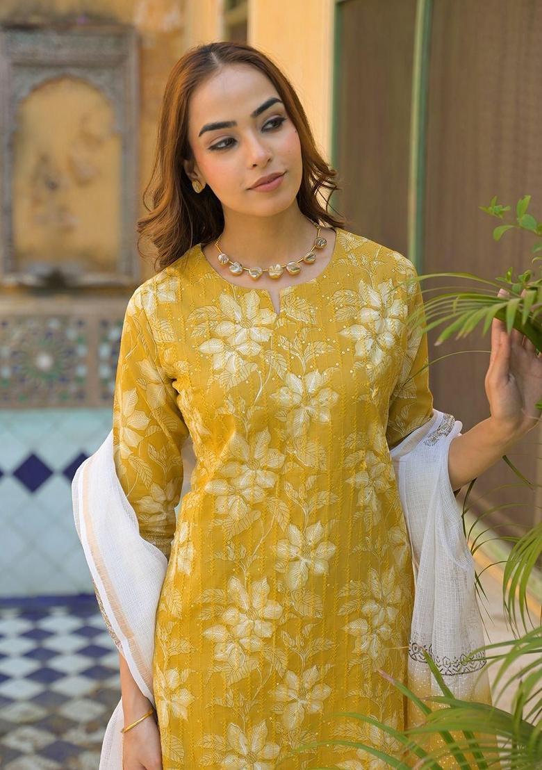 Mustard Embroidered Cotton Kurta Set - Indya