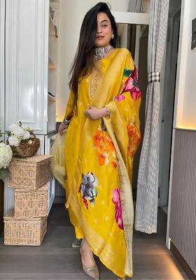 Mustard Embroidered Viscose Kurta Set