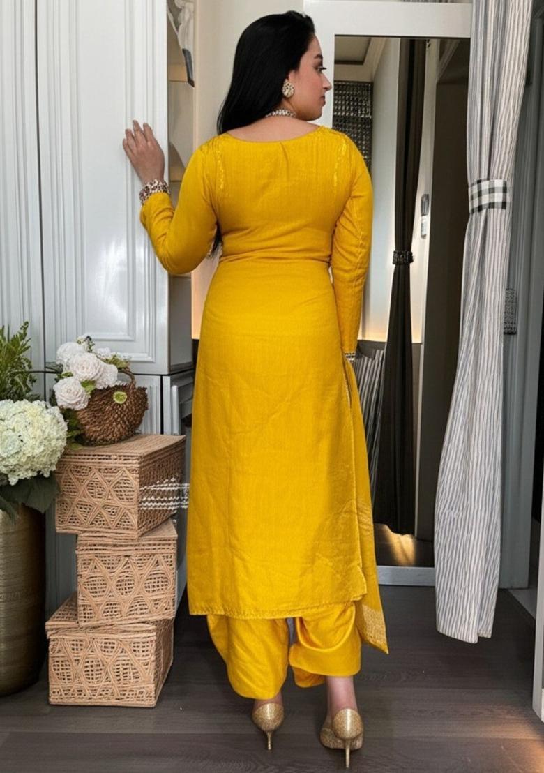 Mustard Embroidered Viscose Kurta Set - Indya