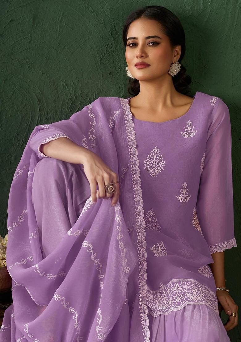 Lavender Embroidered Silk Kurta Set - Indya