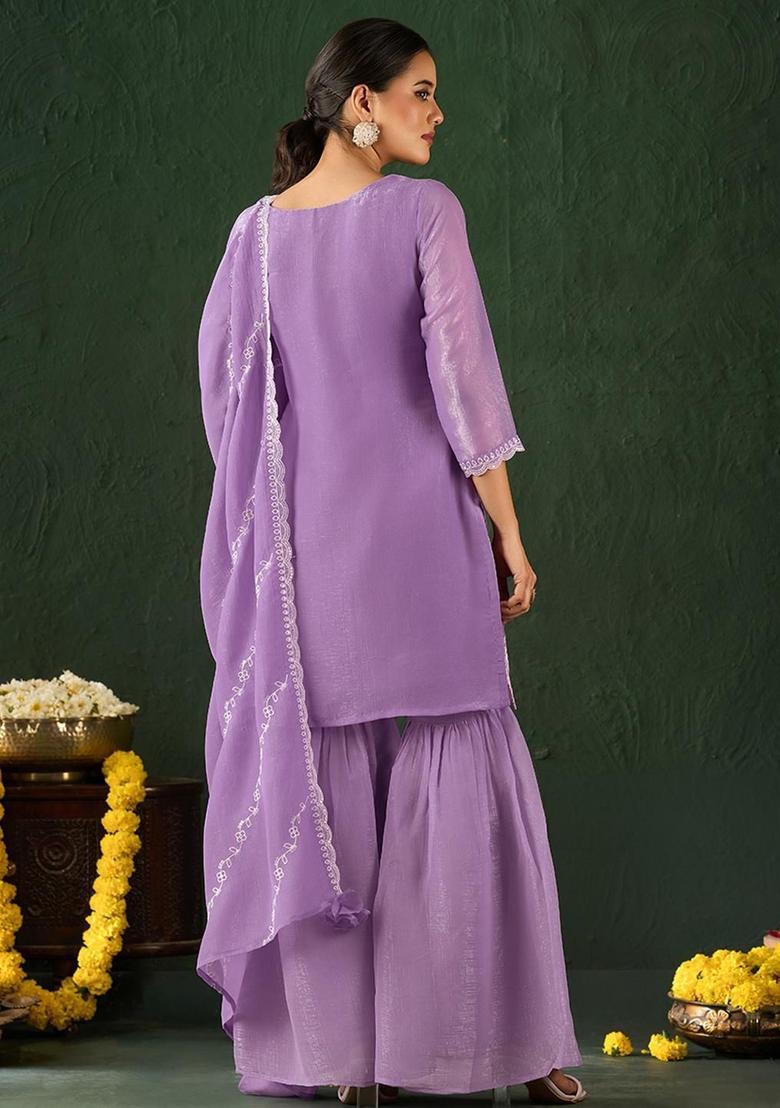 Lavender Embroidered Silk Kurta Set - Indya