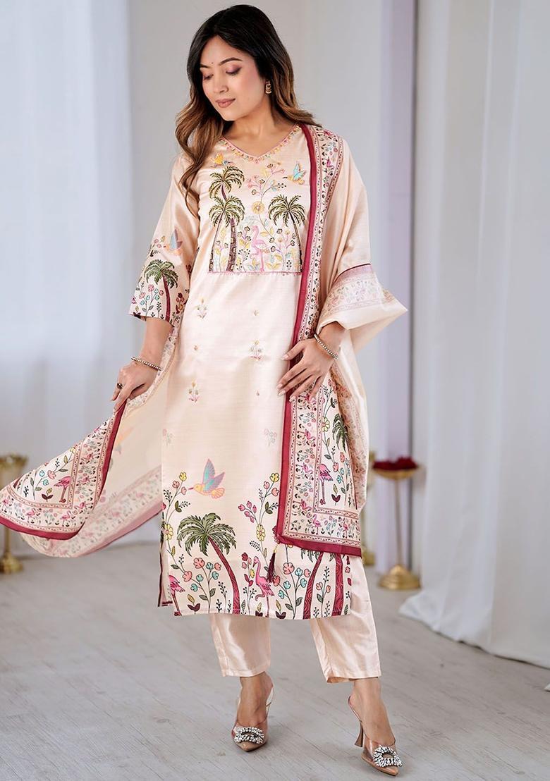 Cream Printed Silk Kurta Set - Indya