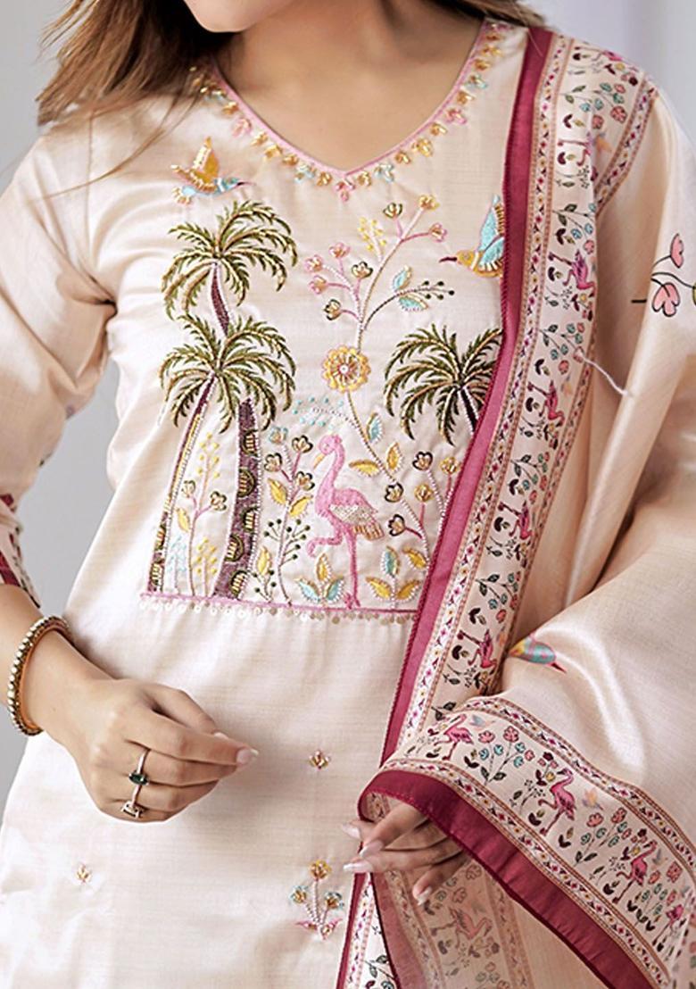 Cream Printed Silk Kurta Set - Indya
