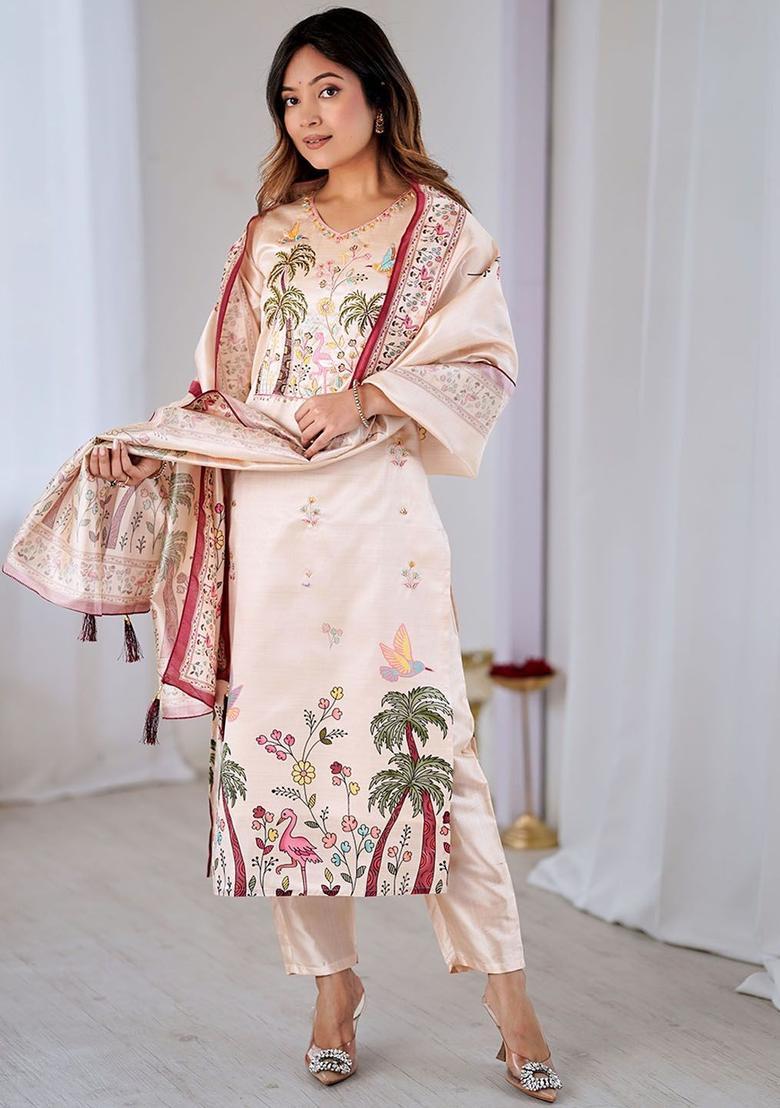 Cream Printed Silk Kurta Set - Indya