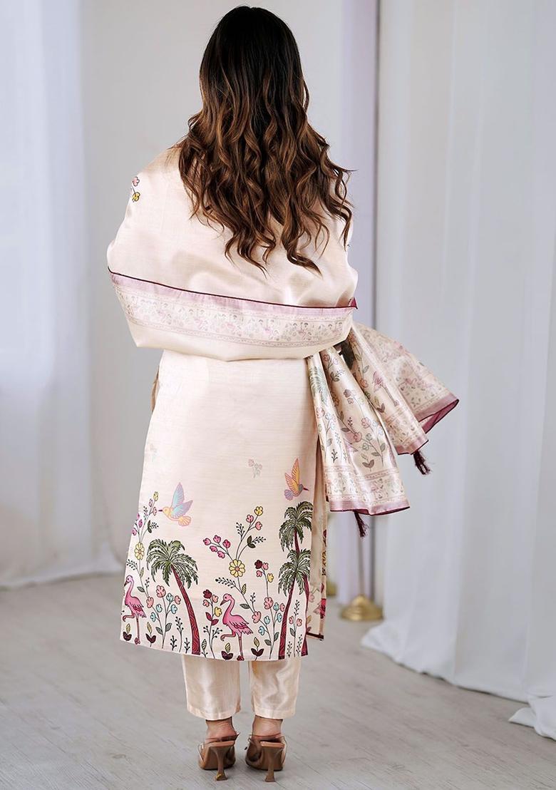 Cream Printed Silk Kurta Set - Indya