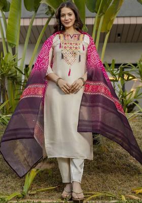 Cream Embroidered Viscose Kurta Set