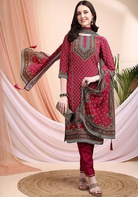 Maroon Printed Silk Kurta Set