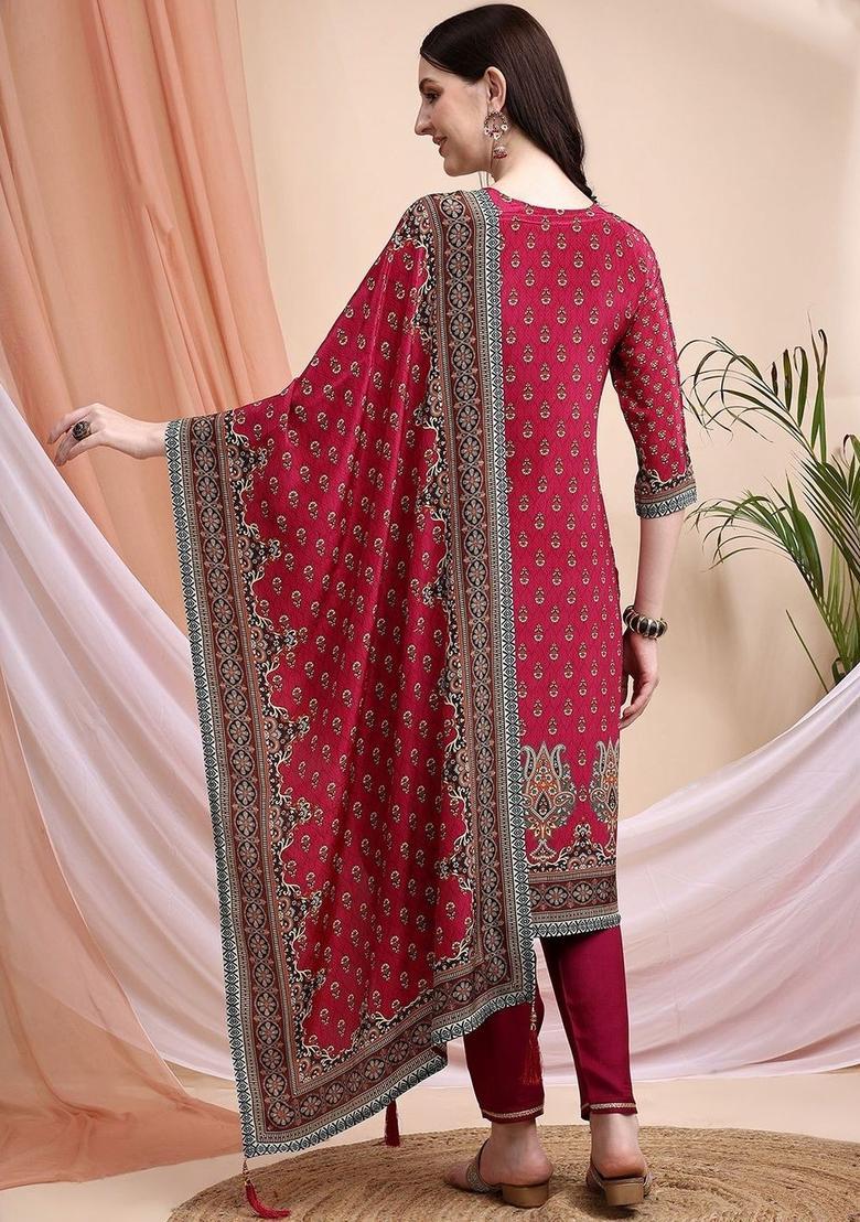 Maroon Printed Silk Kurta Set - Indya