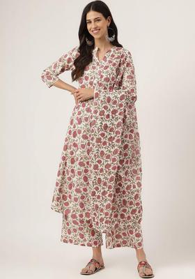 White Printed Cotton Kurta Set