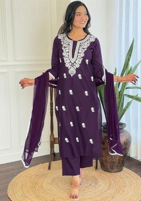 Purple Embroidered Cotton Kurta Set