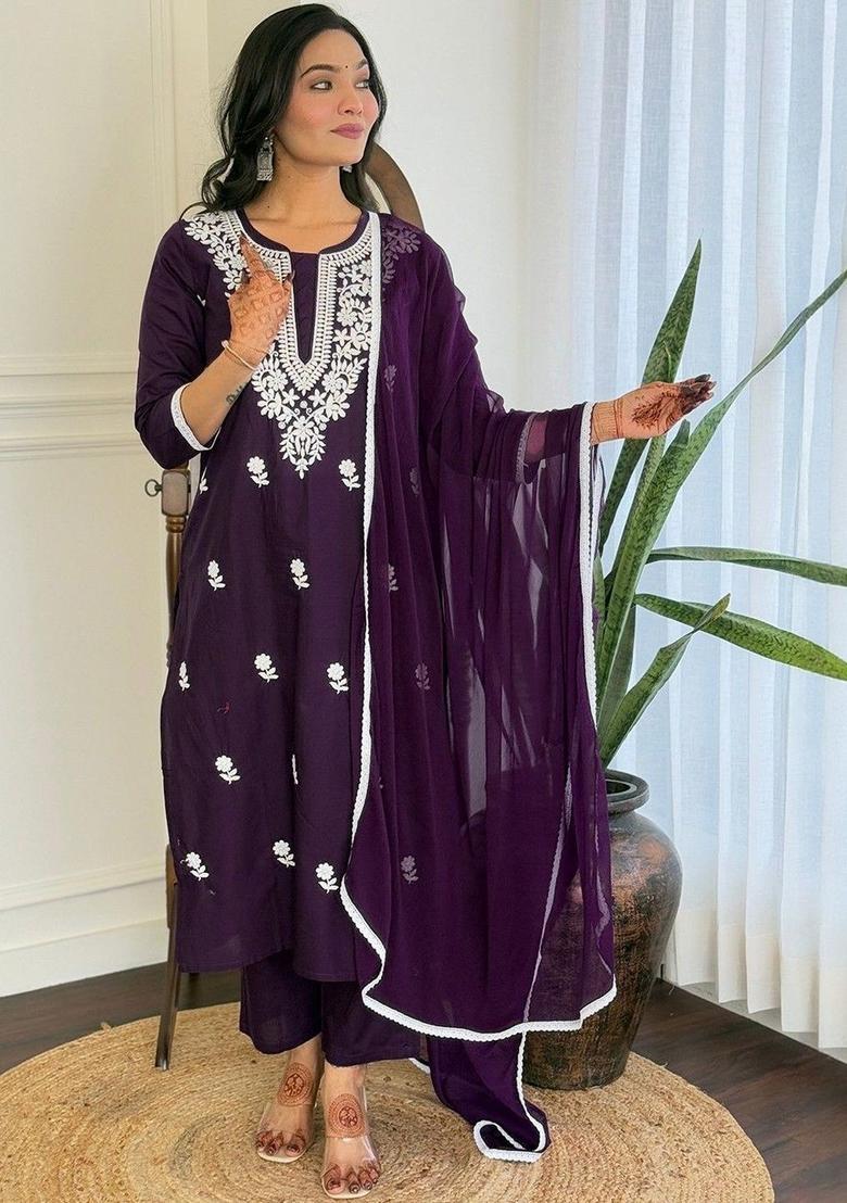 Purple Embroidered Cotton Kurta Set - Indya