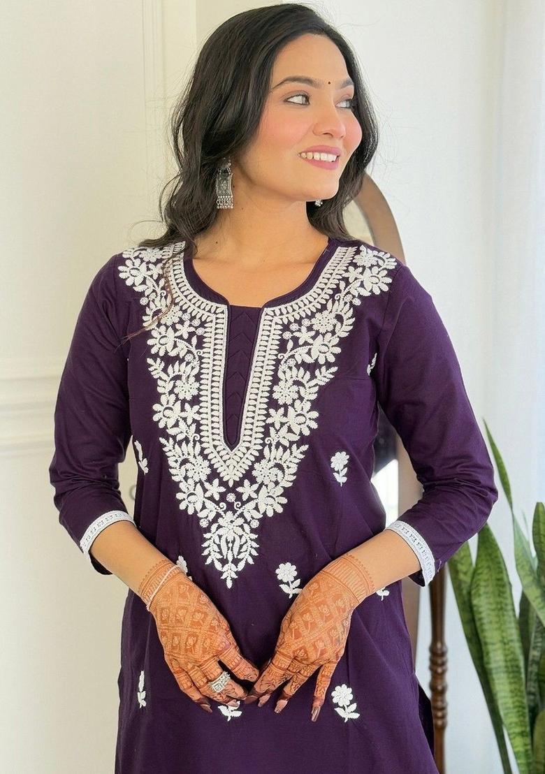 Purple Embroidered Cotton Kurta Set - Indya