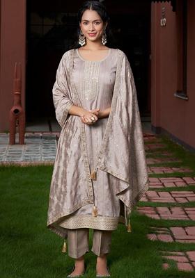 Grey Woven Design Silk Kurta Set