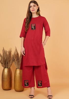Red Embroidered Cotton Kurta Set