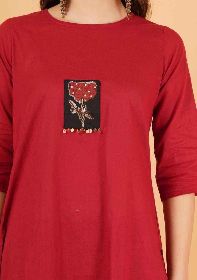 Red Embroidered Cotton Kurta Set - Indya
