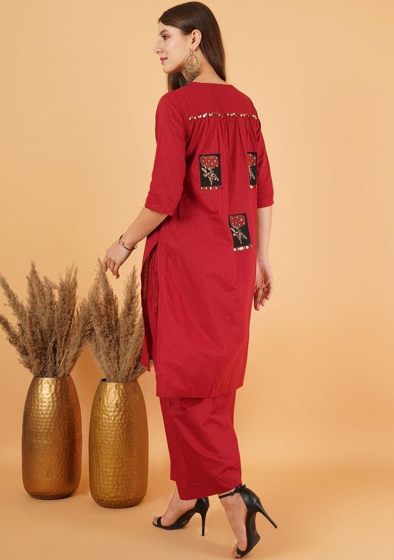 Red Embroidered Cotton Kurta Set - Indya